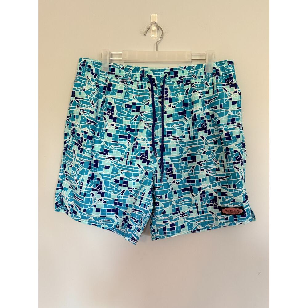 Vineyard Vines Mens Swim Trunks Size Large Blue Fish Geometric Print Mesh Lining